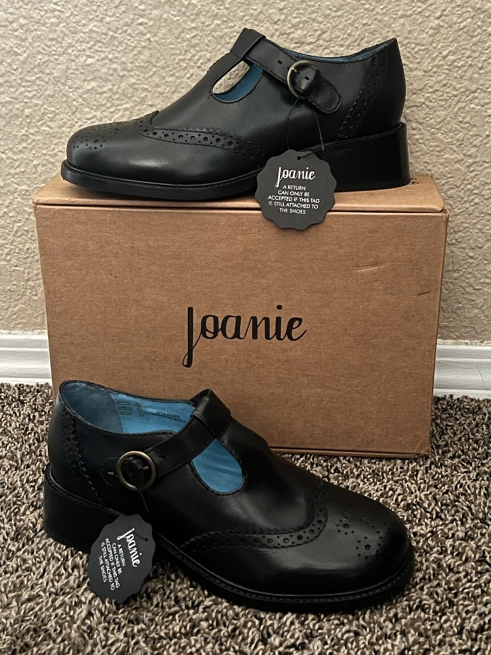 Joanie Women’s Grenoble Leather T-Bar Brogues Shoes Black Color Size-9
